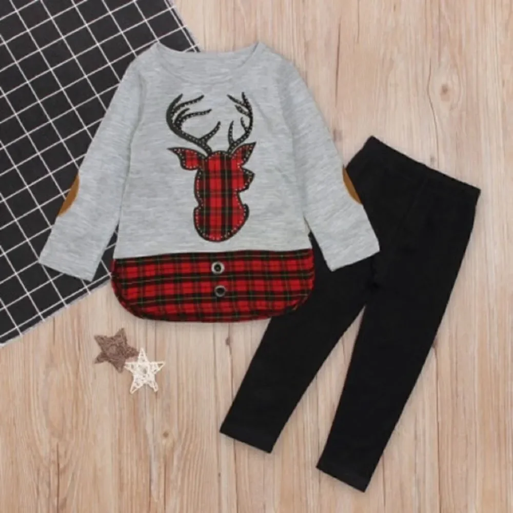 2pc. Plaid Rhinestone Deer Set- 2T